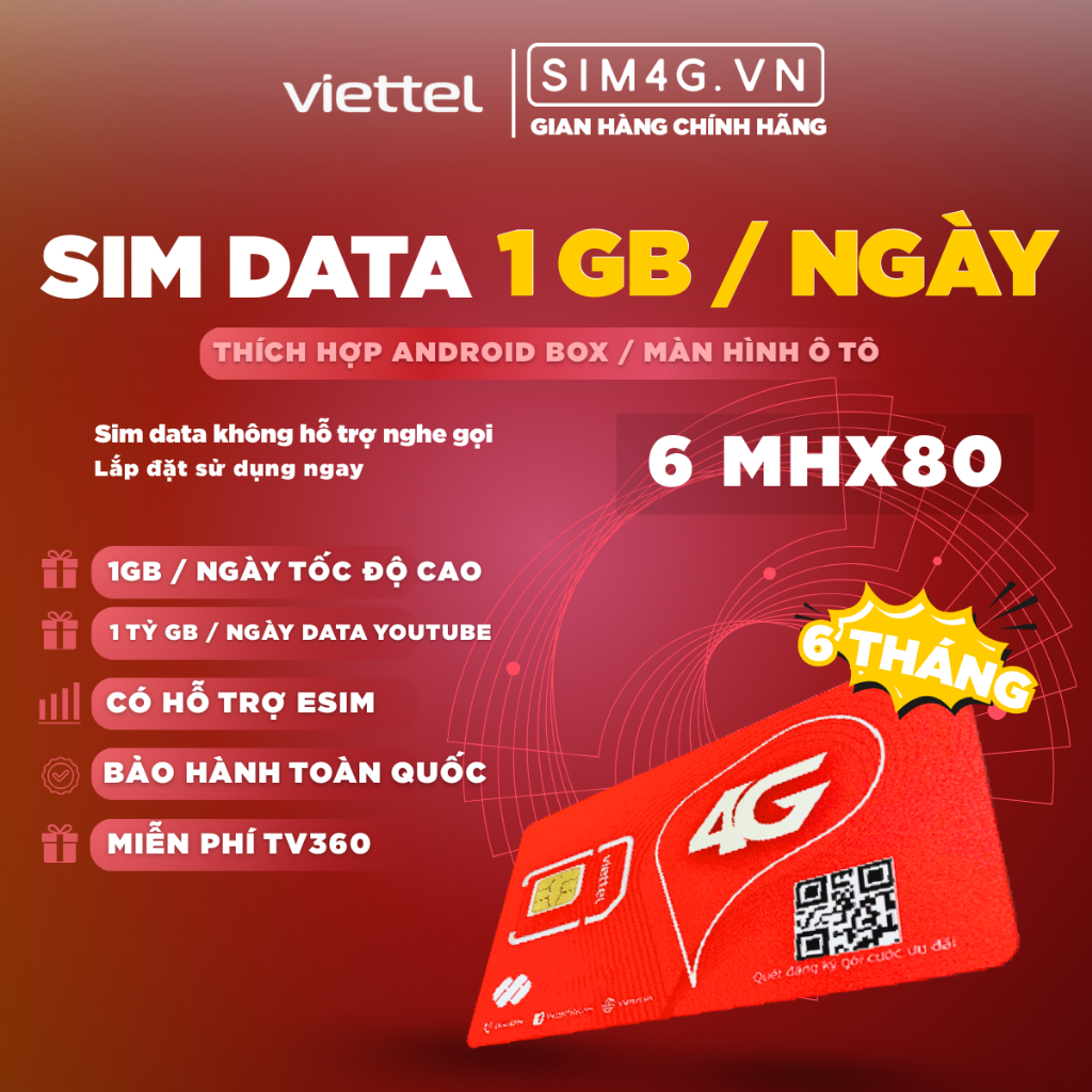(Siêu HOT) Sim Viettel Data 1 Tỷ Gb / Miễn Phí 6 tháng truy cập / Dành cho màn hình Oto, Androi box 