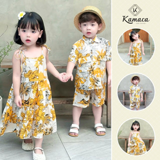Bộ đồ đôi cho bé trai bé gái KAMACA, size 9 đến 40kg, Chất liệu vải đũi màu vàng kem