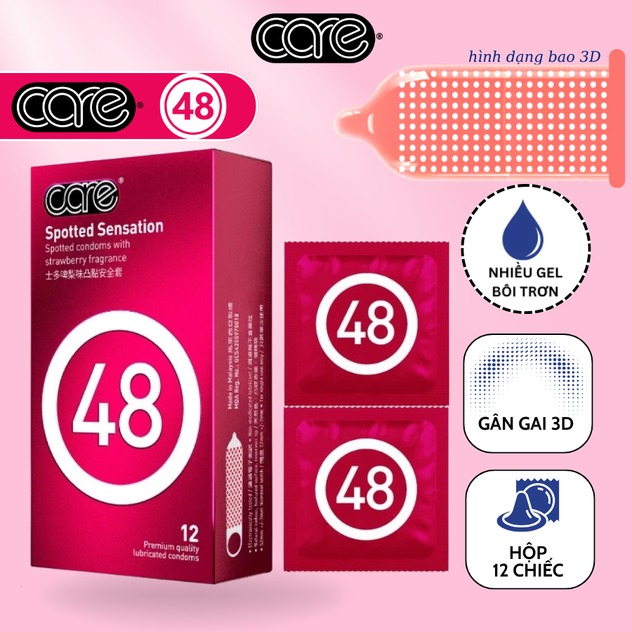 Bao cao su gai CARE 48 bcs có gai siêu mỏng kéo dài thời gian, Nhiều gel bôi trơn hộp 12 chiếc