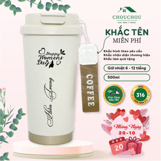 [Miễn Phí Khắc Tên] Cốc giữ nhiệt Chouchou Coffee 500ml có ống hút, lõi Inox 316 giữ nhiệt đến 12h