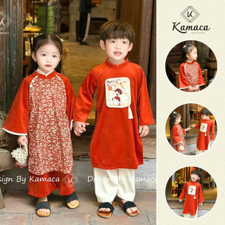  Set Áo dài Tết cho Bé Trai Áo dài Nhật Tân Bé Gái KAMACA chất liệu Nhung Cotton màu Đỏ Cam 