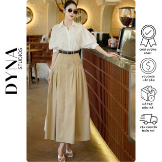  Set Áo Sơ Mi Trắng Cổ Đức Tay Cánh Dơi Phối Chân Váy Kaki Xoè Nhún Ly  Không Kèm Thắt Lưng  
