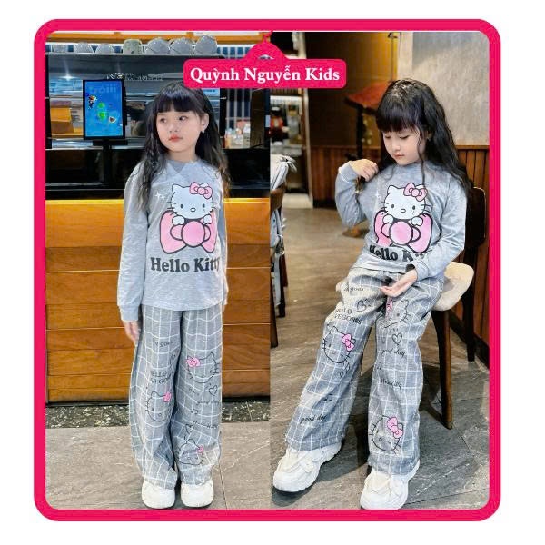 [20kg-52kg] Quần áo trẻ em bé gái, Bộ Hello Kitty Ghi Xám Cho Bé ( HE1 ), Có Size Từ 20kg đến 52kg