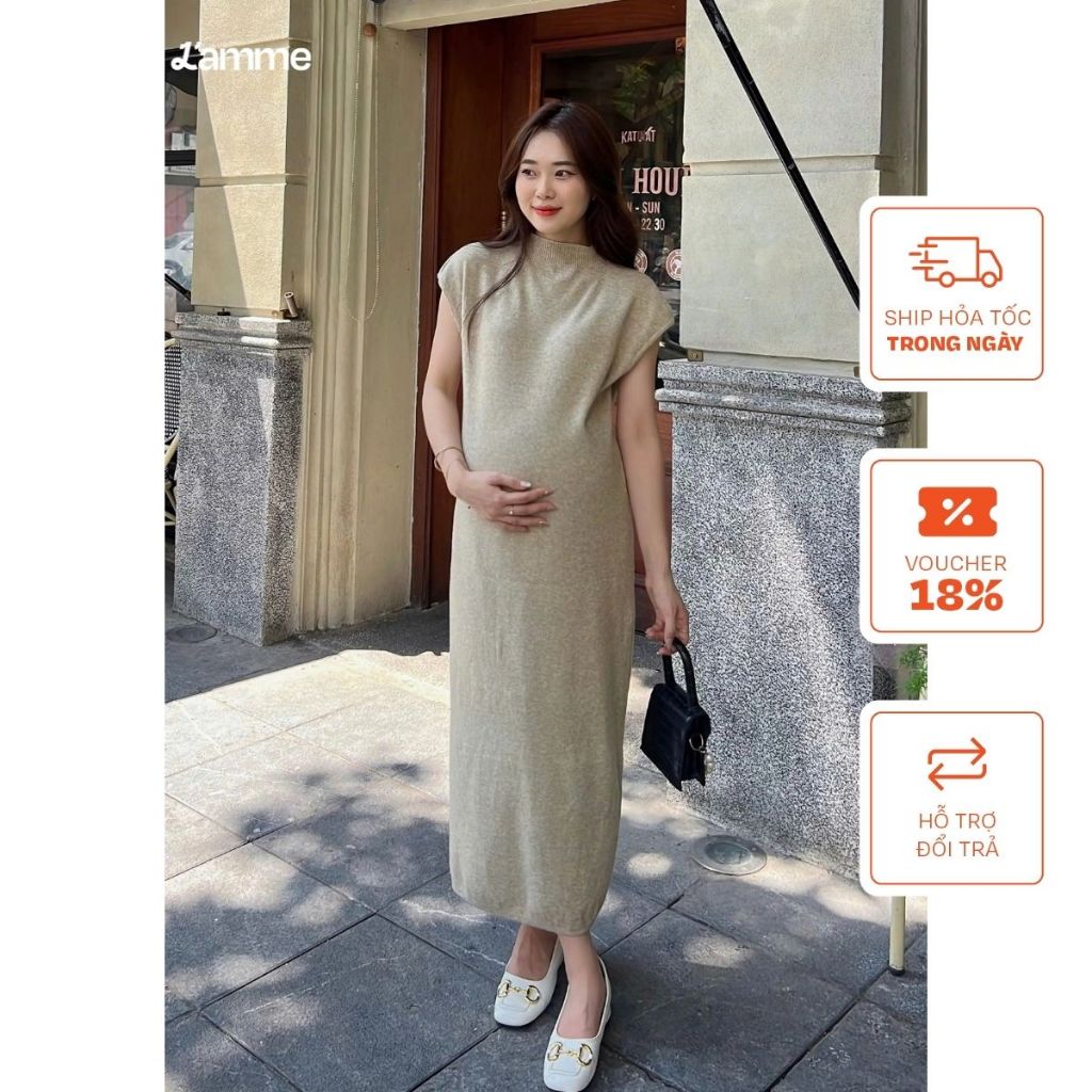  Váy len tay hến co giãn 4 chiều màu sắc trung tính trẻ trung đầm cho mẹ bầu phù hợp mùa thu đông by LAMME 