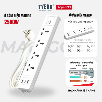 Ổ Cắm Điện Đa Năng Manigo Công Suất 2500W Tích Hợp USB TypeC Ổ Vuông Dẹt 2,5m-3,5m BH 18 Tháng