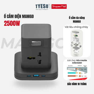 Ổ Cắm Điện Đa Năng Manigo Nhiều Lỗ Cắm 2500W Tích Hợp USB TypeC Sạc Nhanh PD20W An Toàn Có Cầu Chì