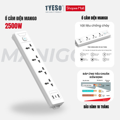 Ổ Cắm Điện Đa Năng Tích Hợp Cổng USB Manigo 4 Lỗ Cắm Đầu 3 Công Suất 2500W BH 18 Tháng