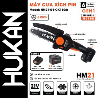 Máy cưa xích pin HUKAN HM21-G1-CX1106r, Chiều dài lam 6 inch, Động cơ Không Chổi Than