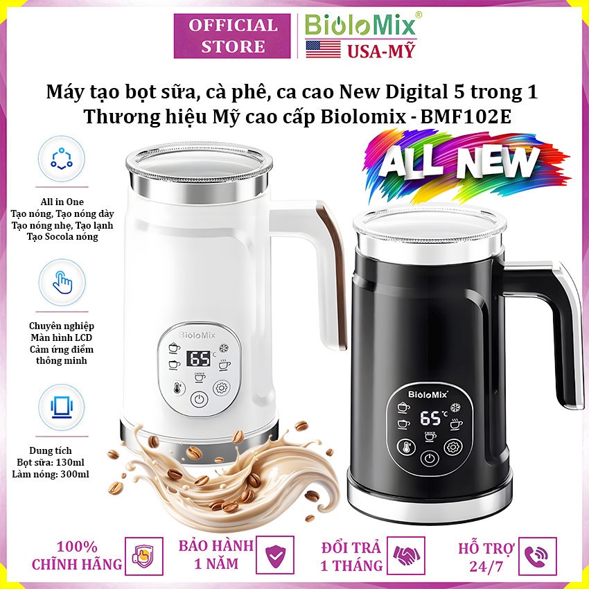 Máy đánh sữa tạo bọt, cà phê, ca cao New Digital 5 trong 1 chuyên nghiệp Biolomix BMF102E - Công suất 500W