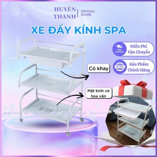 Xe Đẩy Kính SPA | Xe Đẩy 3 Tầng Mặt Kính Hoa Văn Có Khay