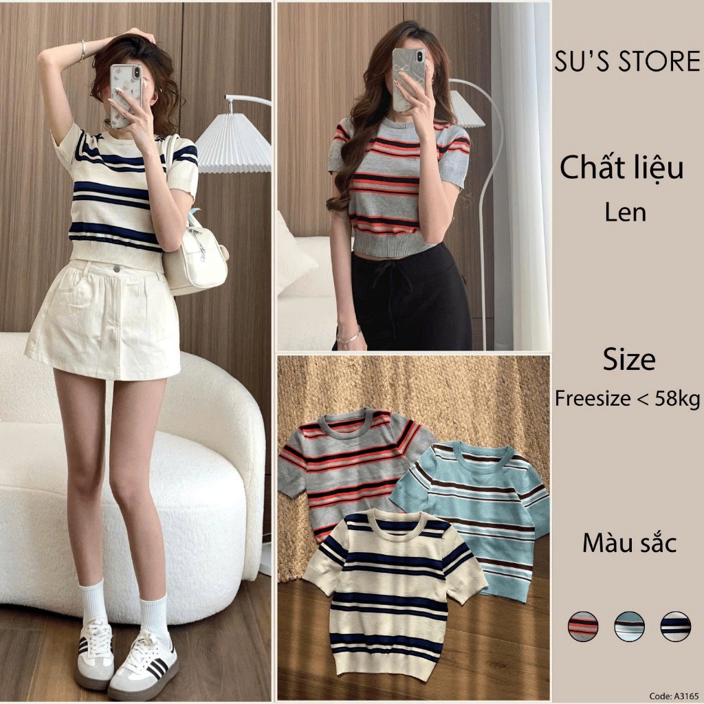 Áo Len Mongtoghi Cổ Tròn Cộc Tay Kẻ Ngang Su Chang A3165