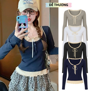 Áo Thun TAY DÀI CỔ BÈO CÀI NÚT Coquette Dáng Dài Nữ Giả Hai Lớp DD122,Áo Babytee Chất Thun Gân Kiểu Trơn BAINE