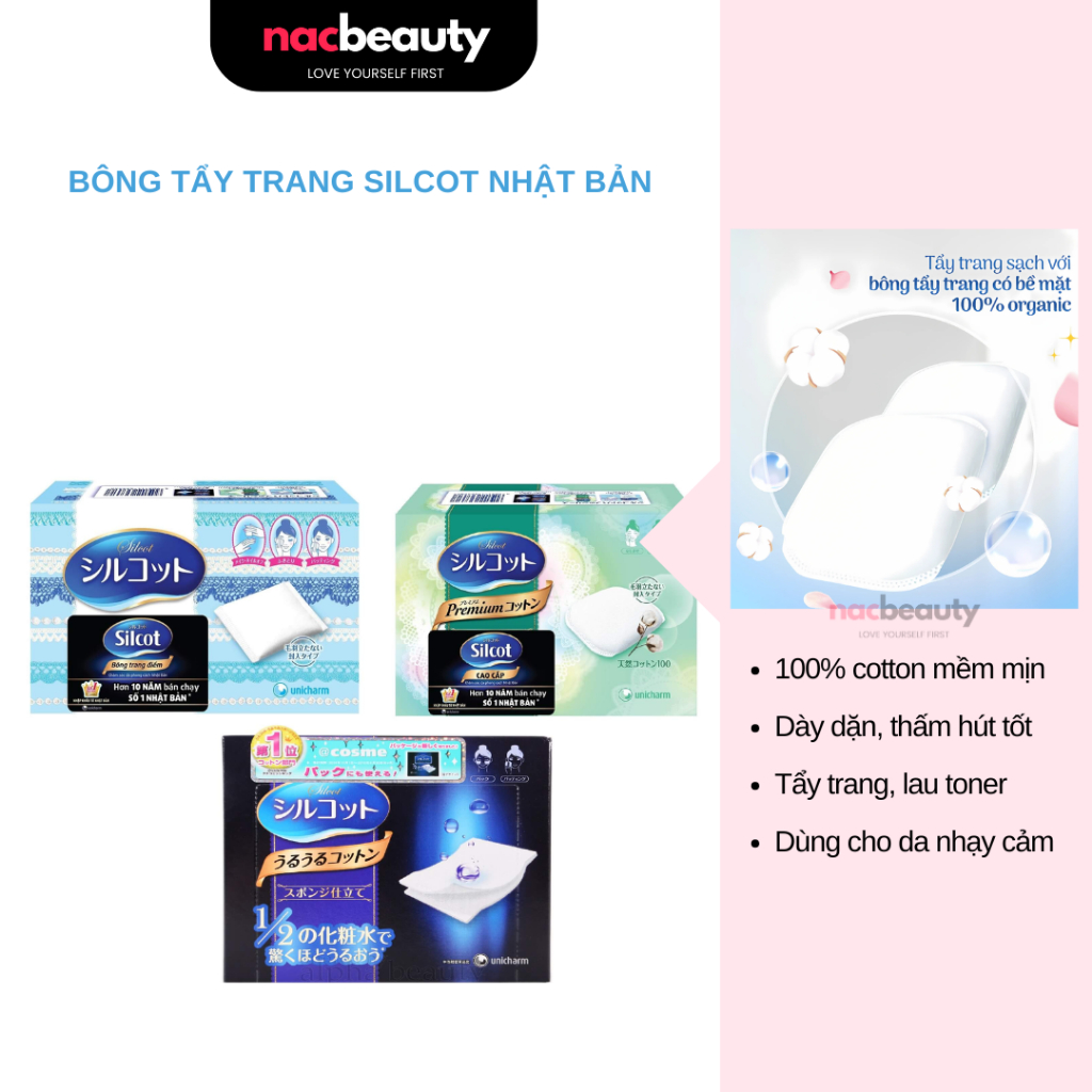 Bông tẩy trang Silcot Nhật Bản 40 miếng - 66 miếng - 82 miêng