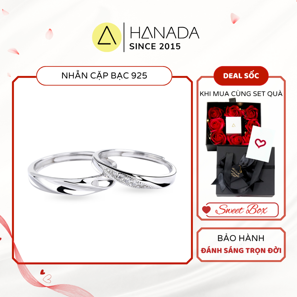 [QUÀ TẶNG 20/10] Nhẫn Cặp Bạc 925 HANADA Xoắn Chéo Đính Đá Nhẫn Đôi Bạc Freesize Tùy Chỉnh Nam Nữ 1344 L1