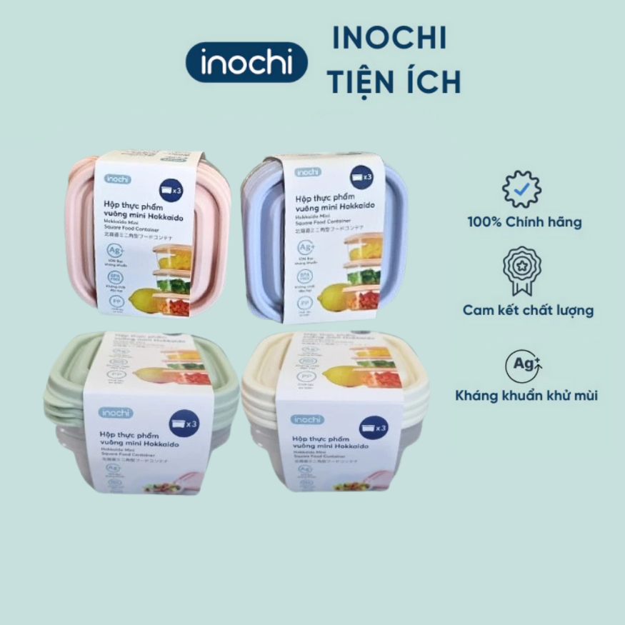 Bộ 3 hộp thực phẩm vuông mini Inochi dung tích 250ml đựng thực phẩm, kháng khuẩn tốt