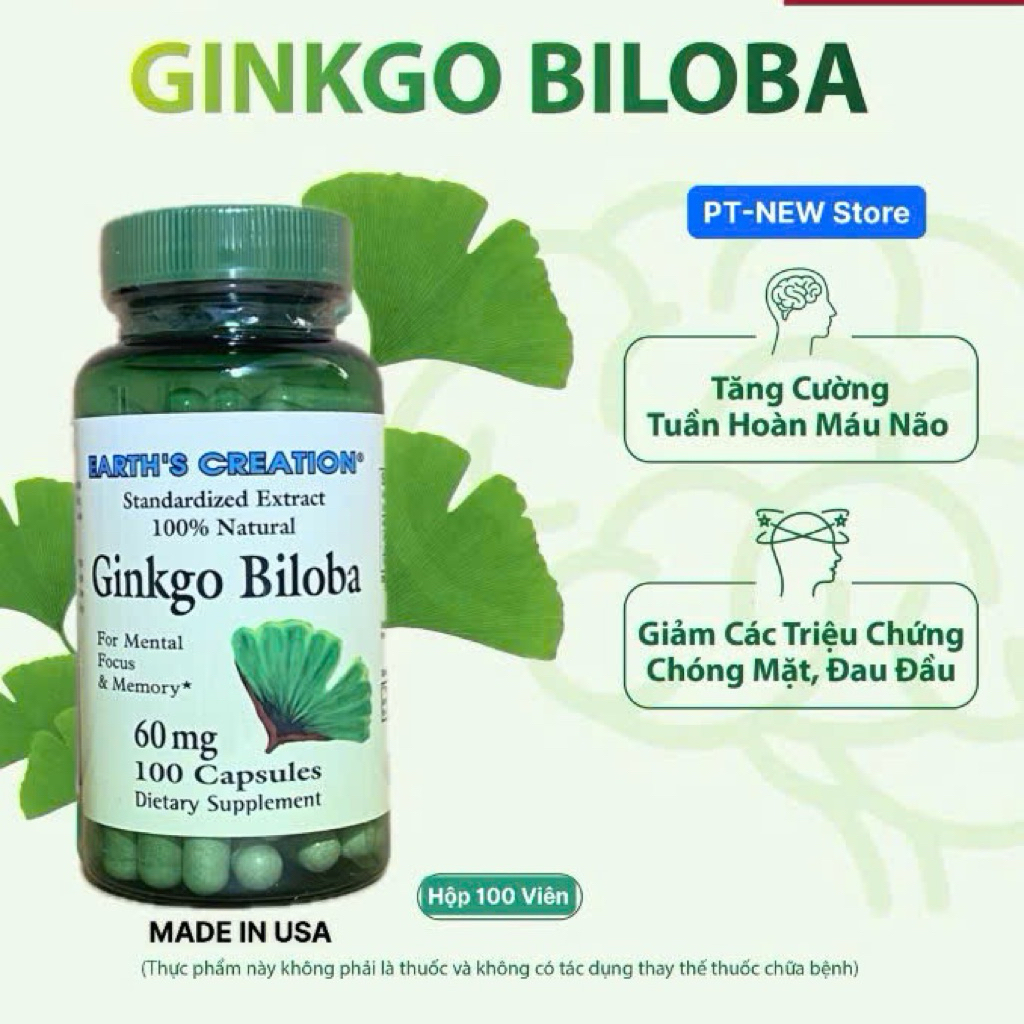 GINKGO BILOBA 60mg(NK USA)- Hỗ trợ Đau Đầu,Hoa Mắt,Cải Thiện Trí Nhớ,Giảm Mệt Mỏi,Tê Bì(h/100viên)