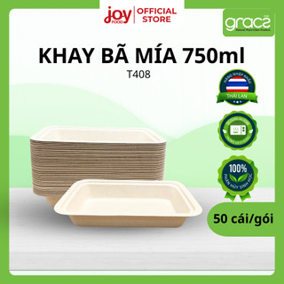  50 khay bã mía Gracz 750ml đựng món ăn cơm phần  Kèm Nắp Nhựa T408 
