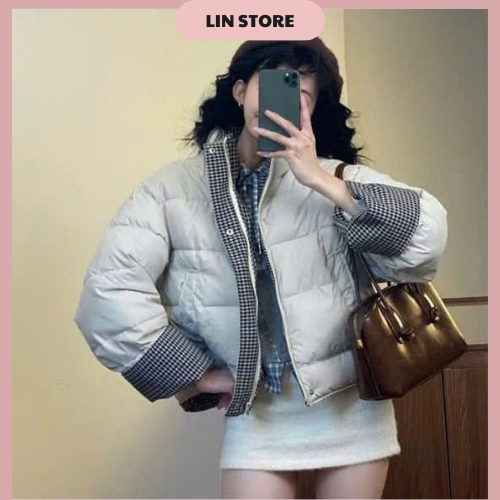 Áo khoác phao nữ chất da phối kẻ caro áo phao nữ cổ cao dáng ngắn có dây rút dưới áo phao béo mùa đông dáng croptop