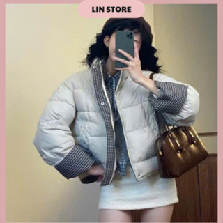  Áo khoác phao nữ chất da phối kẻ caro áo phao nữ cổ cao dáng ngắn có dây rút dưới áo phao béo mùa đông dáng croptop 