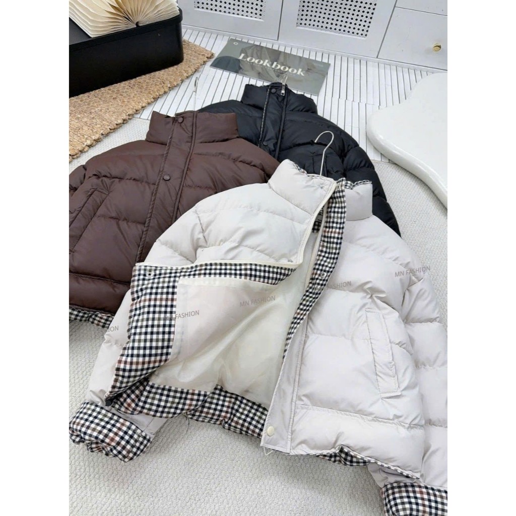 Áo khoác phao nữ chất da phối kẻ caro áo phao nữ cổ cao dáng ngắn có dây rút dưới áo phao béo mùa đông dáng croptop | BigBuy360 - bigbuy360.vn