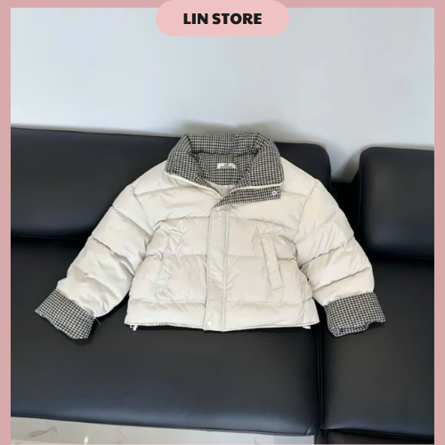 Áo khoác phao nữ chất da phối kẻ caro áo phao nữ cổ cao dáng ngắn có dây rút dưới áo phao béo mùa đông dáng croptop | BigBuy360 - bigbuy360.vn