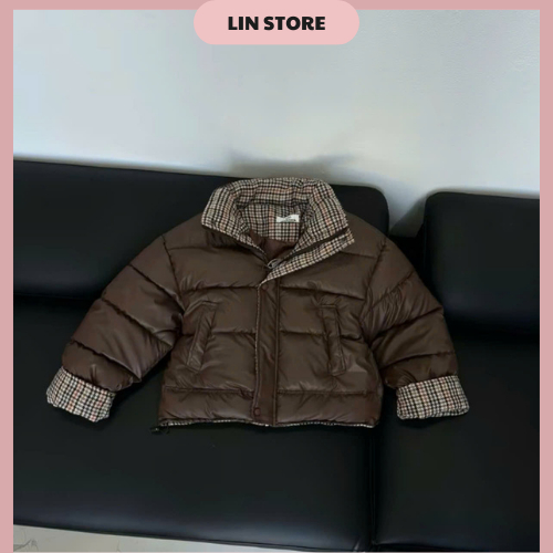 Áo khoác phao nữ chất da phối kẻ caro áo phao nữ cổ cao dáng ngắn có dây rút dưới áo phao béo mùa đông dáng croptop | BigBuy360 - bigbuy360.vn