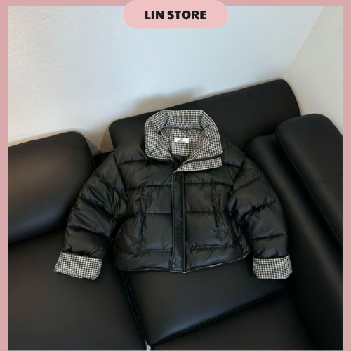 Áo khoác phao nữ chất da phối kẻ caro áo phao nữ cổ cao dáng ngắn có dây rút dưới áo phao béo mùa đông dáng croptop | BigBuy360 - bigbuy360.vn