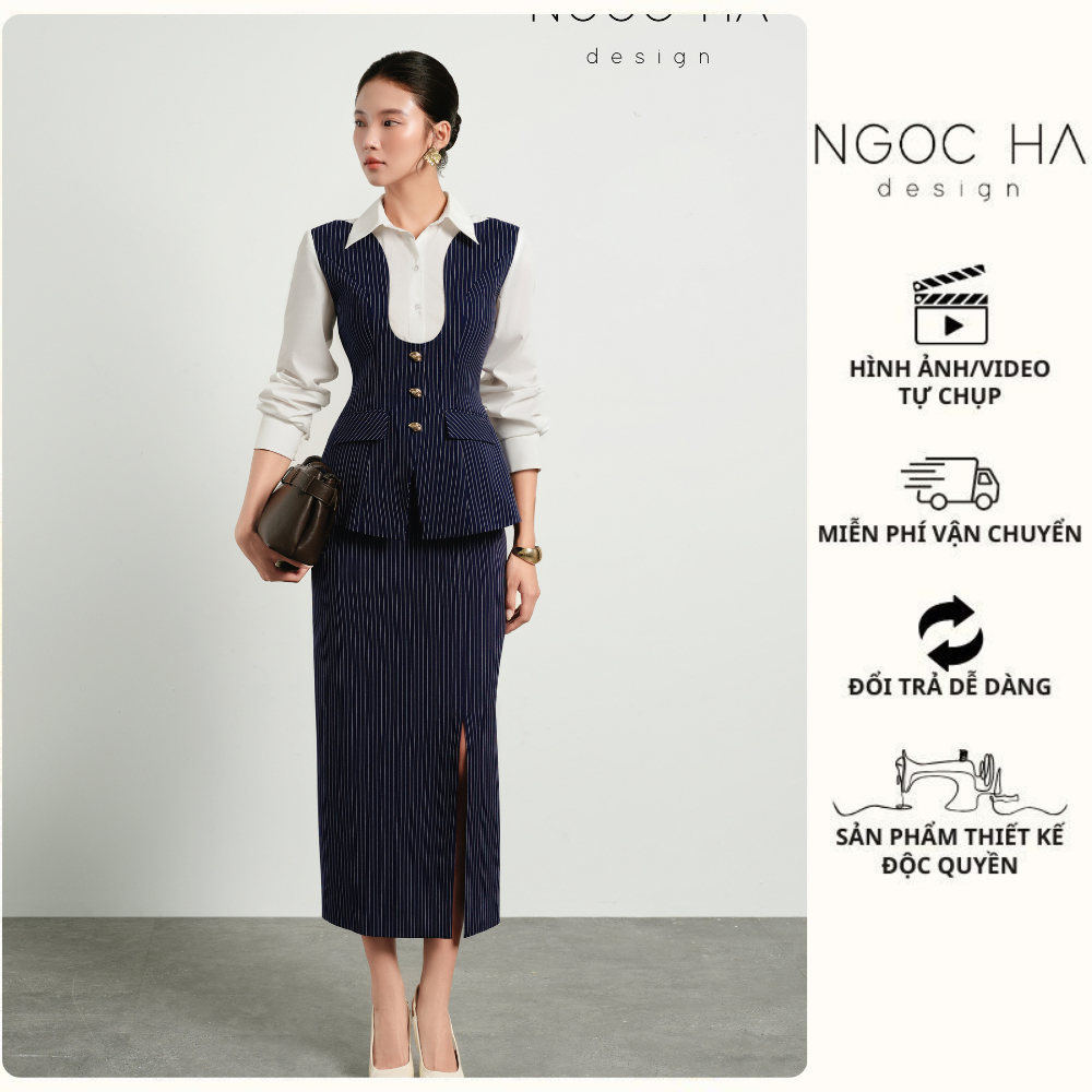 Set Công Sở Camille, Bộ Kẻ Sọc Xanh Mềm Mix Vải Thô Sơ Mi Trắng NGOC HA Design BJ146