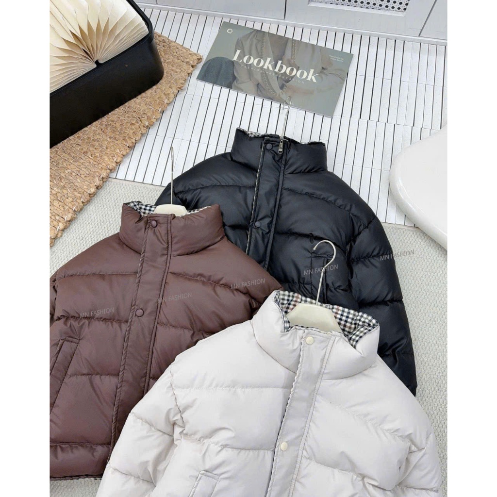 Áo khoác phao nữ chất da phối kẻ caro áo phao nữ cổ cao dáng ngắn có dây rút dưới áo phao béo mùa đông dáng croptop | BigBuy360 - bigbuy360.vn