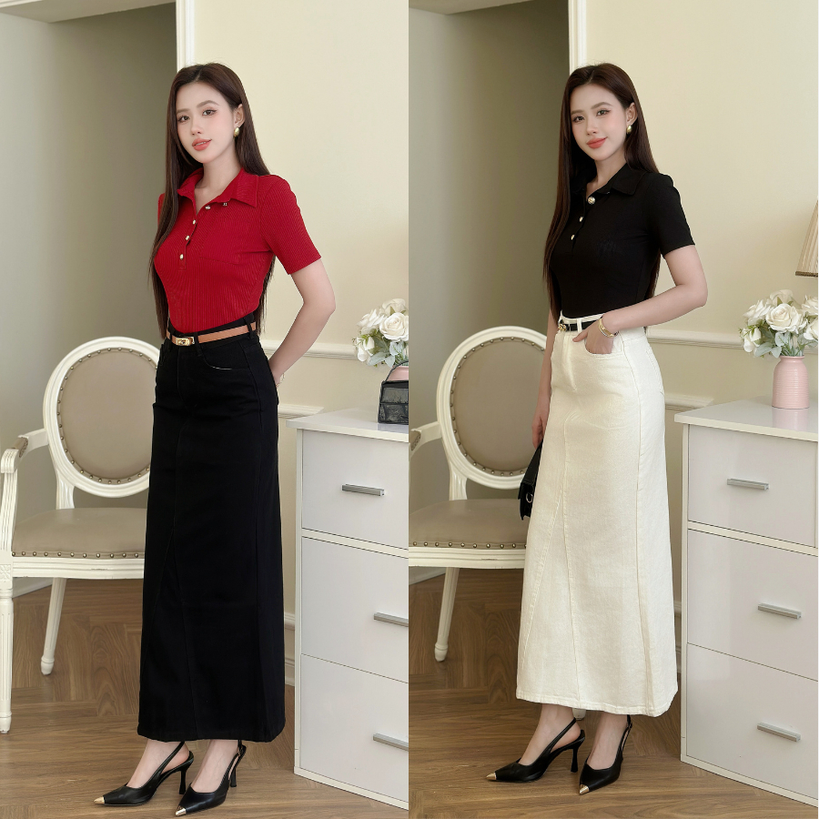 Chân váy jean đuôi cá công sở LACHI dáng dài 90cm xòe nhẹ có túi xẻ tà sau tôn dáng bigsize LC-CV121 | BigBuy360 - bigbuy360.vn