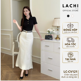  Chân váy jean đuôi cá công sở LACHI dáng dài 90cm xòe nhẹ có túi xẻ tà sau tôn dáng bigsize LC-CV121 
