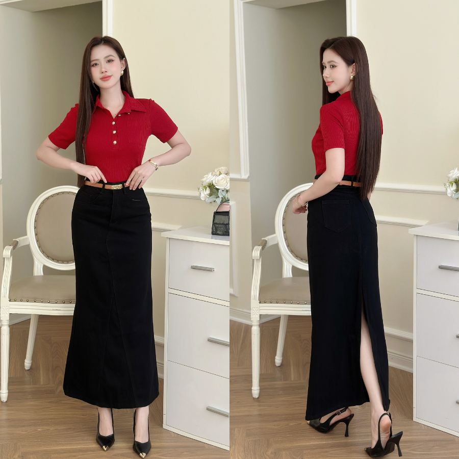 Chân váy jean đuôi cá công sở LACHI dáng dài 90cm xòe nhẹ có túi xẻ tà sau tôn dáng bigsize LC-CV121 | BigBuy360 - bigbuy360.vn