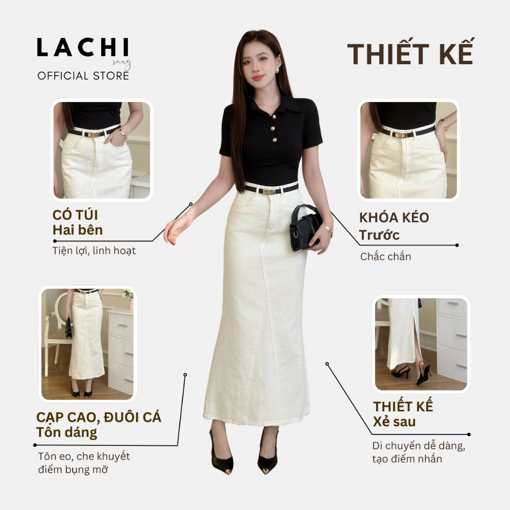 Chân váy jean đuôi cá công sở LACHI dáng dài 90cm xòe nhẹ có túi xẻ tà sau tôn dáng bigsize LC-CV121 | BigBuy360 - bigbuy360.vn
