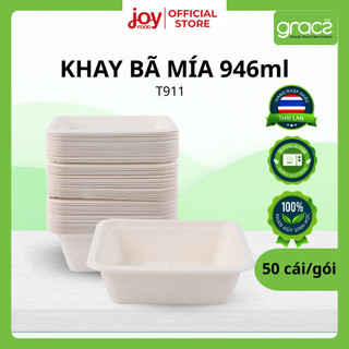  50 hộp khay bã mía Gracz cao cấp 946ml Thái Lan đựng trái cây rau củ salad có nắp nhựa T911 