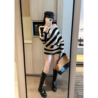  Set len nữ áo len lệch vai sọc kẻ dài tay kèm quần short đùi len mùa thu đông 