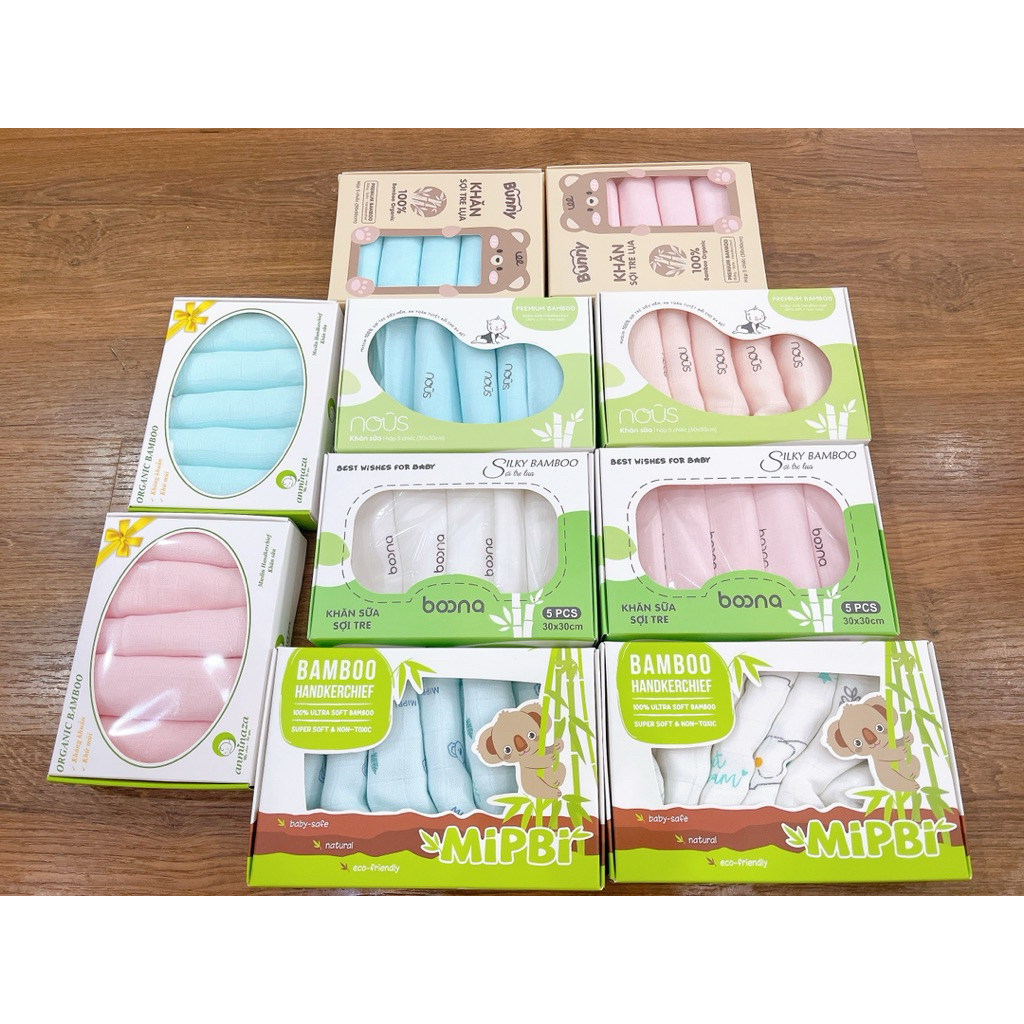 Set 5 Khăn sữa sợi tre các hãng nous,anminaza,bunny,boona,mipbi