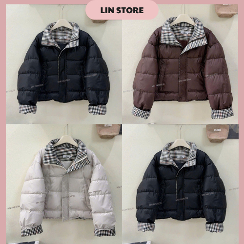 Áo khoác phao nữ chất da phối kẻ caro áo phao nữ cổ cao dáng ngắn có dây rút dưới áo phao béo mùa đông dáng croptop | BigBuy360 - bigbuy360.vn