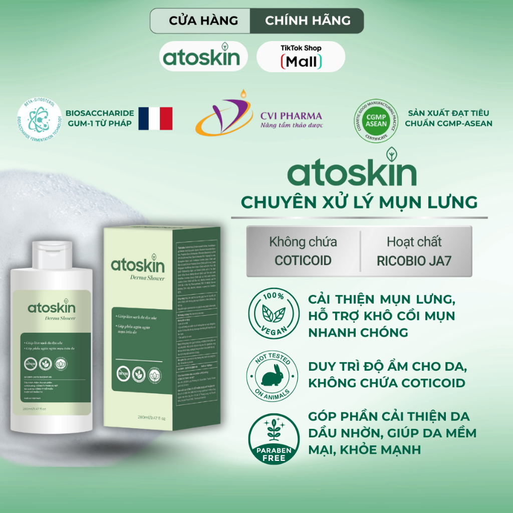 Sữa tắm giảm mụn lưng, giảm viêm nang lông Atoskin sạch mụn, mờ thâm, hỗ trợ làm sạch da mụn, dầu nh