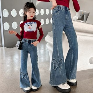  Quần ống loe cho bé gái 5-14 tuổi phong cách Hàn Quốc thiết kế bướm chất liệu vải denim mềm mại 