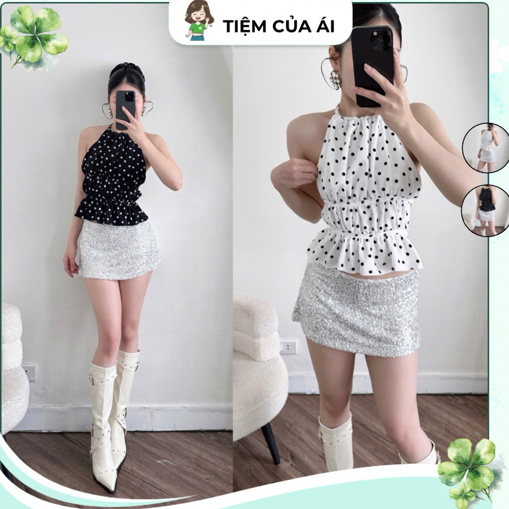 Áo Nữ Cổ Yếm Chấm Bi Hở Lưng Quyến Rũ Cotton Lạnh