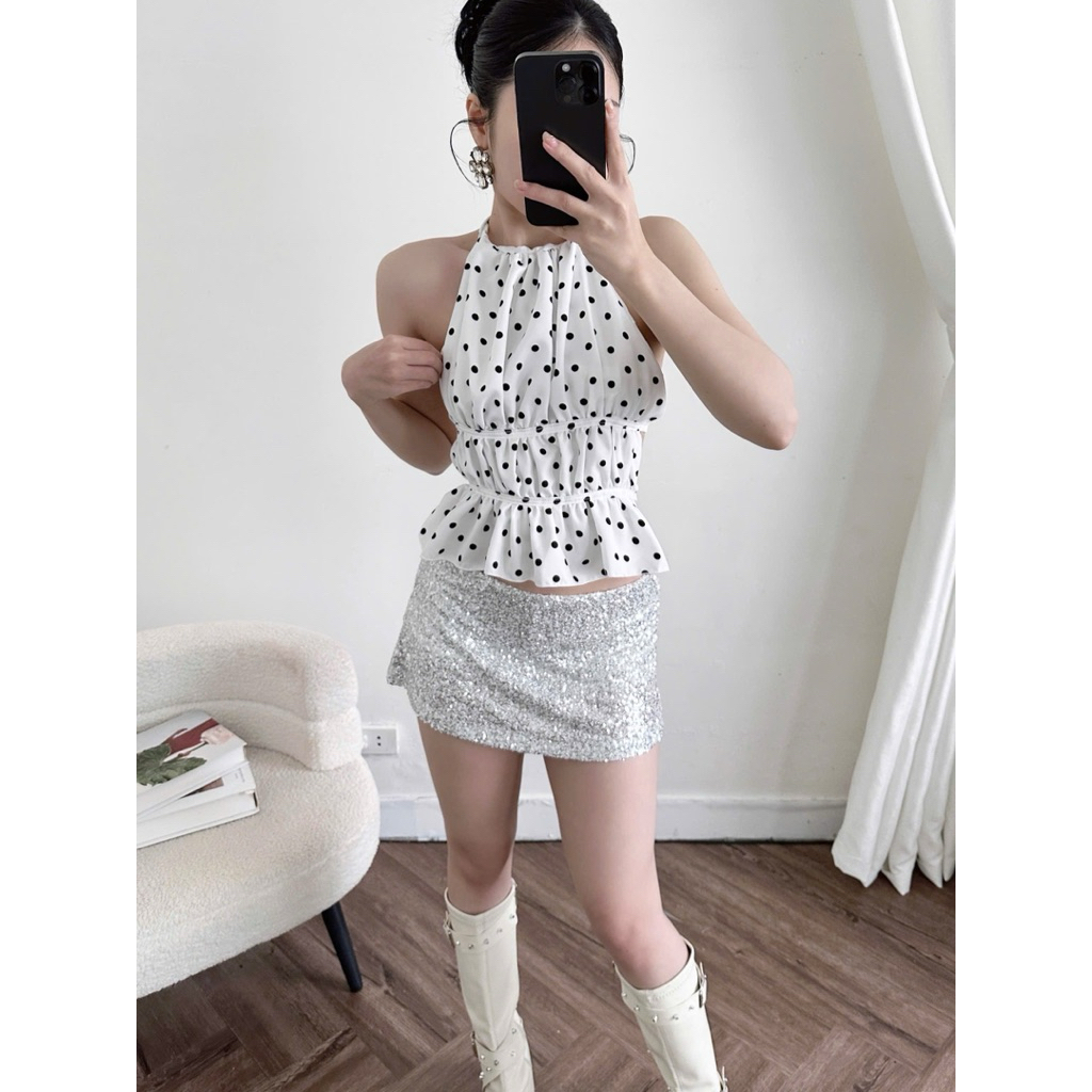 Áo Nữ Cổ Yếm Chấm Bi Hở Lưng Quyến Rũ Cotton Lạnh | BigBuy360 - bigbuy360.vn