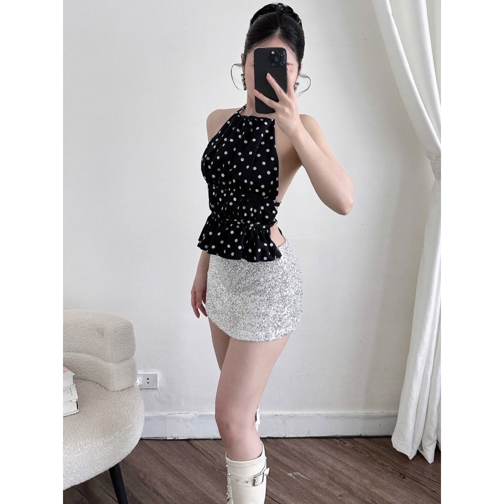 Áo Nữ Cổ Yếm Chấm Bi Hở Lưng Quyến Rũ Cotton Lạnh | BigBuy360 - bigbuy360.vn