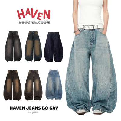 Quần jeans baggy nam nữ Haven Studio ống cong form rộng màu xanh, đen, nâu hiệu ứng bó gãy