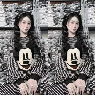 Set Bộ Đồ Nữ Kẻ Ngang Thêu Mickey Lông Nổi Áo Dài Tay Phối Bo Mix Quần Dài Ống Rộng Bo Chun Gấu