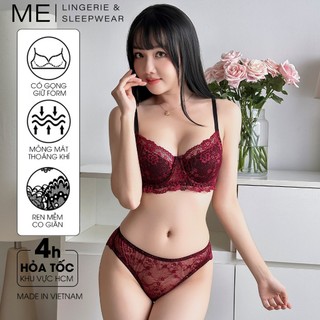   MỚI  Bộ đồ lót nữ ren gợi cảm đỏ mận mix đen áo ngực cup chéo có gọng quần lót không lộ viền hông Me Me Lingerie 