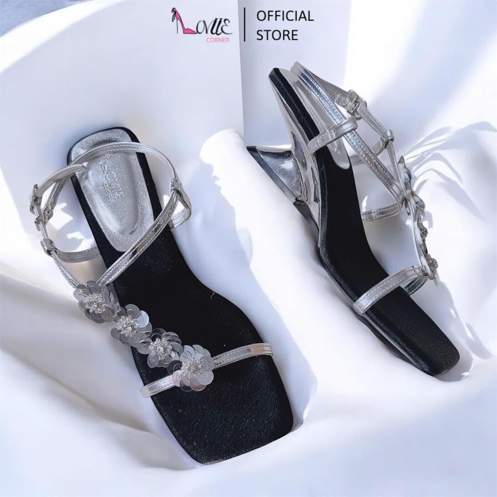 LOVIIECORNER - GIÀY CAO GÓT THỜI TRANG  MŨI VUÔNG - SANDAL CAO GÓT ĐÍNH HOA GÓT KHOÉT EO CAO 5PHÂN -