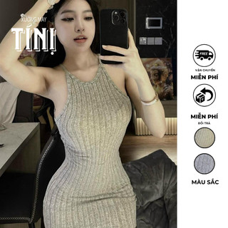  Xưởng may Tí Nị - Đầm Body sọc len cổ Yếm dài 70-75cm  mỏng không nóng   B2_LEN 