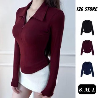   DEAL MỞ BÁN  Áo Thun Nữ Cổ Bẻ Tay Dài Phối Dây Kéo Ôm Dáng Vạt Bầu Vải Cotton Mịn 12 THÁNG SÁU MA2705 