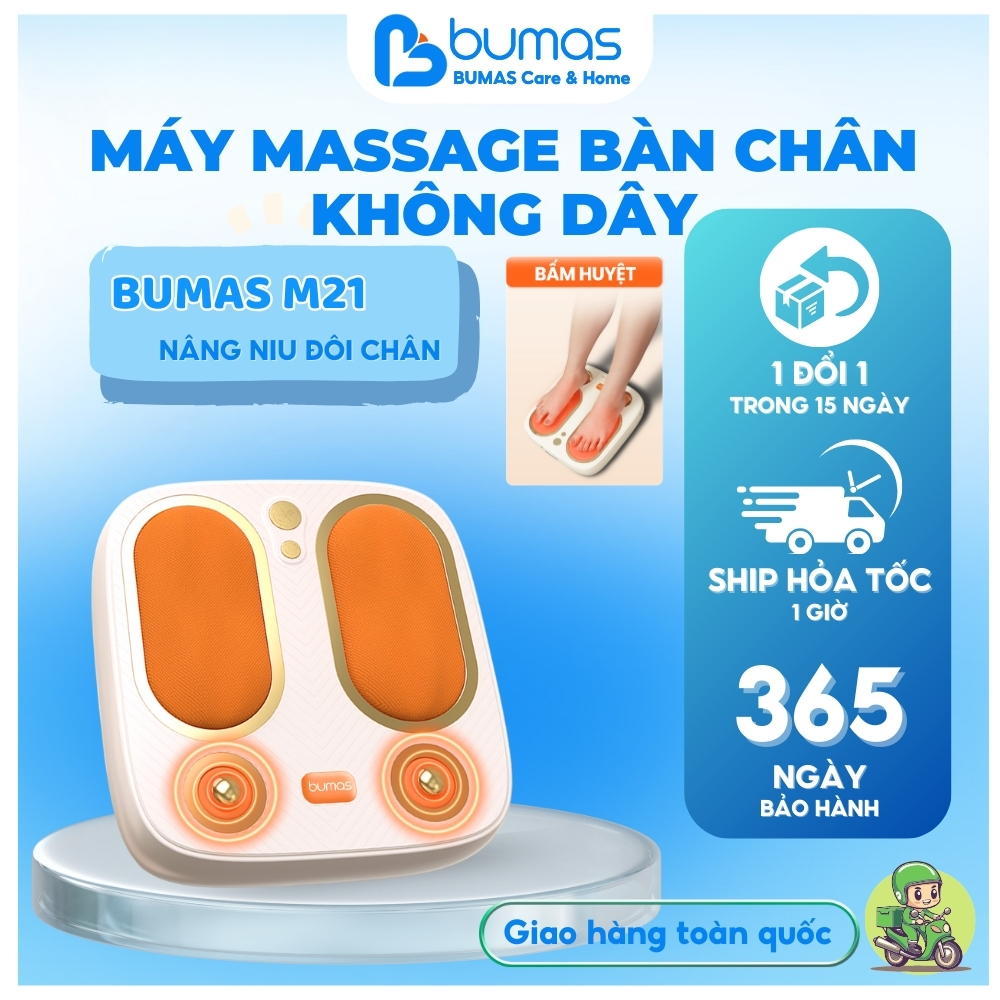 Máy Massage Bàn Chân Không Dây BUMAS M21 - Chườm Ấm Hồng Ngoại, 12 Đầu Lăn Massage, Rung Tần Số Cao