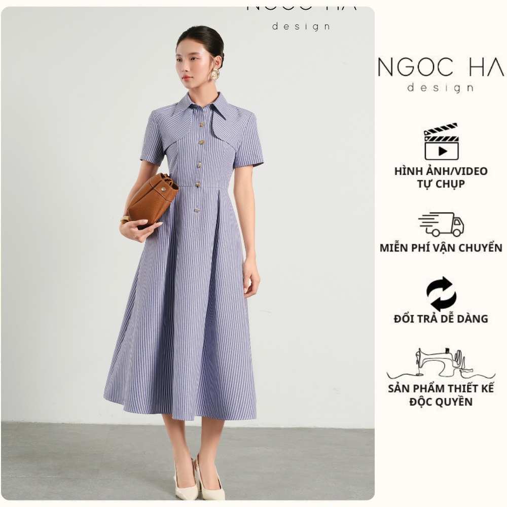 Đầm Công Sở July Dress, Đầm Sơ Mi Kẻ Sọc Xanh Vải Chéo Cao Cấp NGOC HA Design D1015